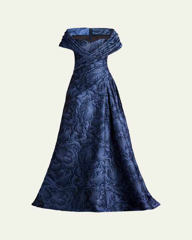 Pleated Off-Shoulder Floral Jacquard Gown